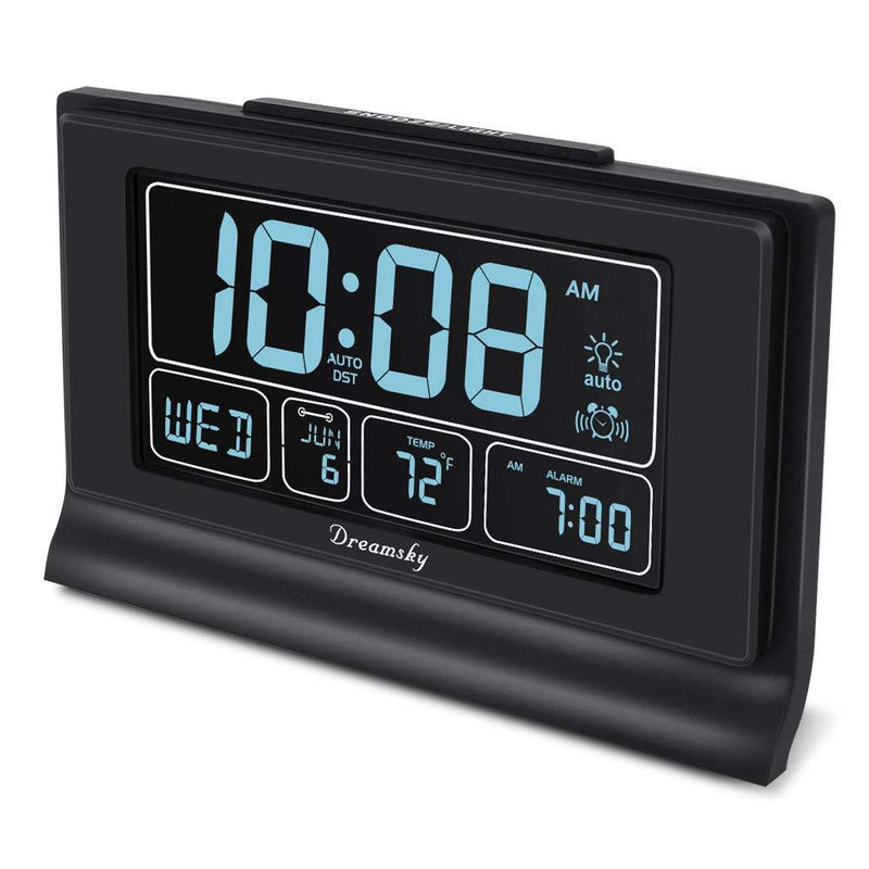 NewNest Australia - DreamSky Auto Set Digital Alarm Clock with USB Charging Port, 6.6 Inch Large Screen with Time/Date/Temperature Display, Full Range Brightness Dimmer, Auto DST Setting, Snooze, Backup Batteries,12/24Hr Black