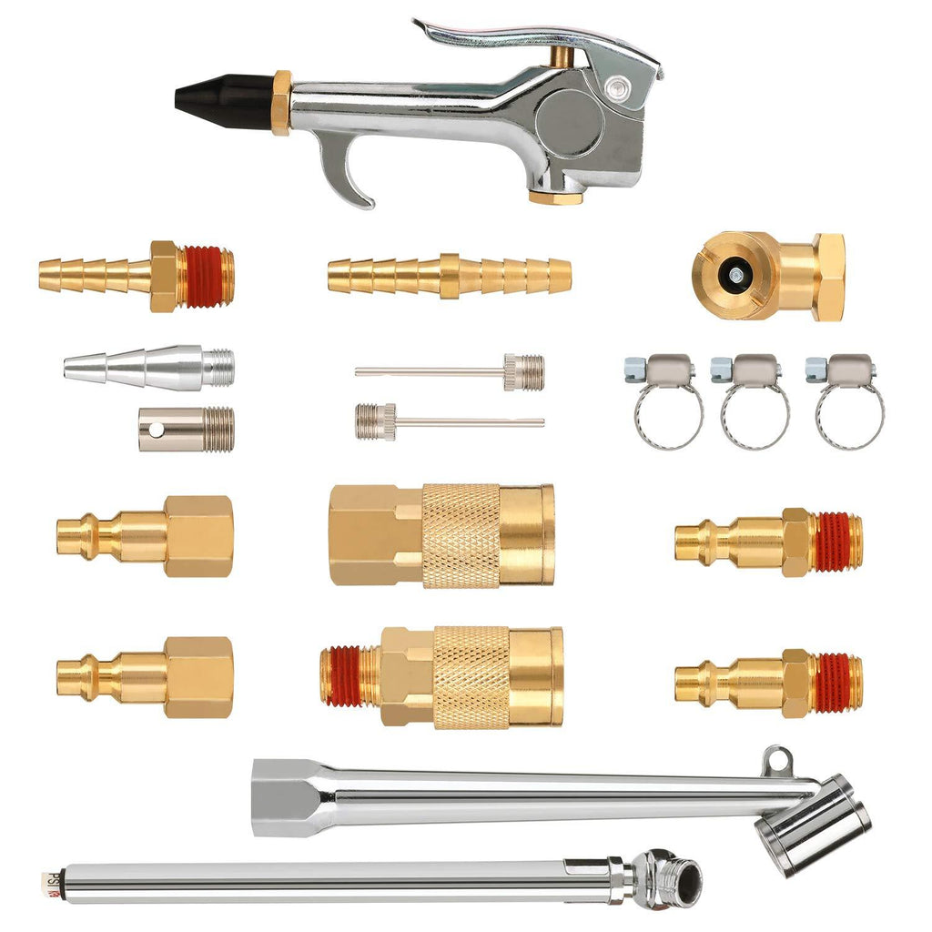 Hromee 1/4 inch NPT Air Compressor Accessory Kit with Blow Gun, Brass Fittings, Air Chuck and Tire Gauge 20 Pieces Compressor Inflation Tool Set - NewNest Australia