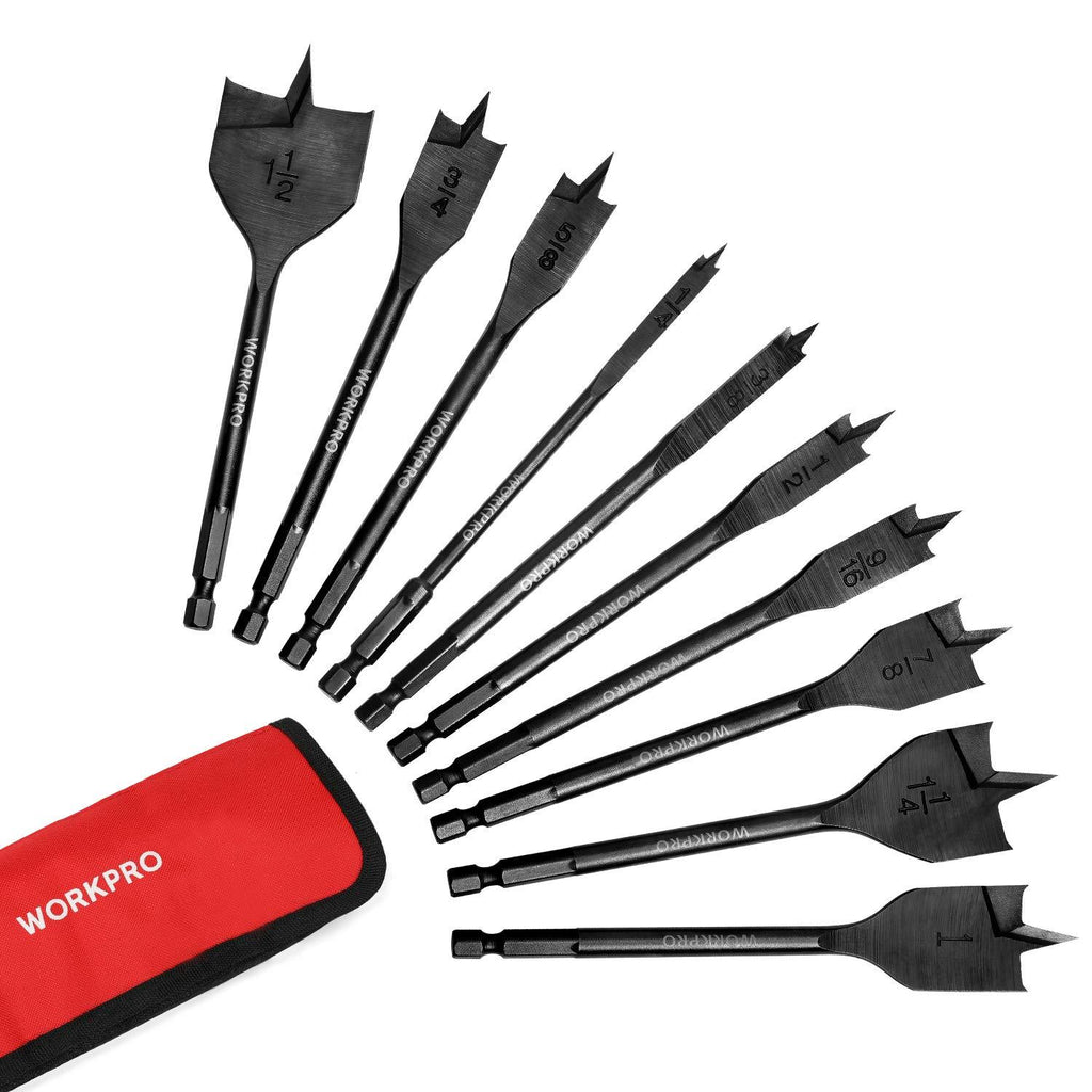 WORKPRO 10-Piece Pro Spade Drill Bit Set- Black Coating, Premium Carbon Steel, Paddle Flat Bits for Woodworking, Assorted Bits 1/4" to 1-1/2" with Storage Case - NewNest Australia