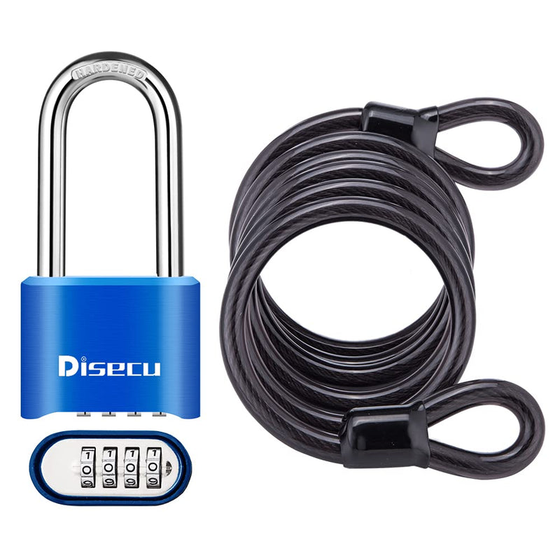 Disecu Heavy Duty 4 Digit Combination Lock Long Shackle Outdoor Waterproof Resettable Padlock with Steel Cable for Bike, Gate, Fence (Blue) Blue - NewNest Australia
