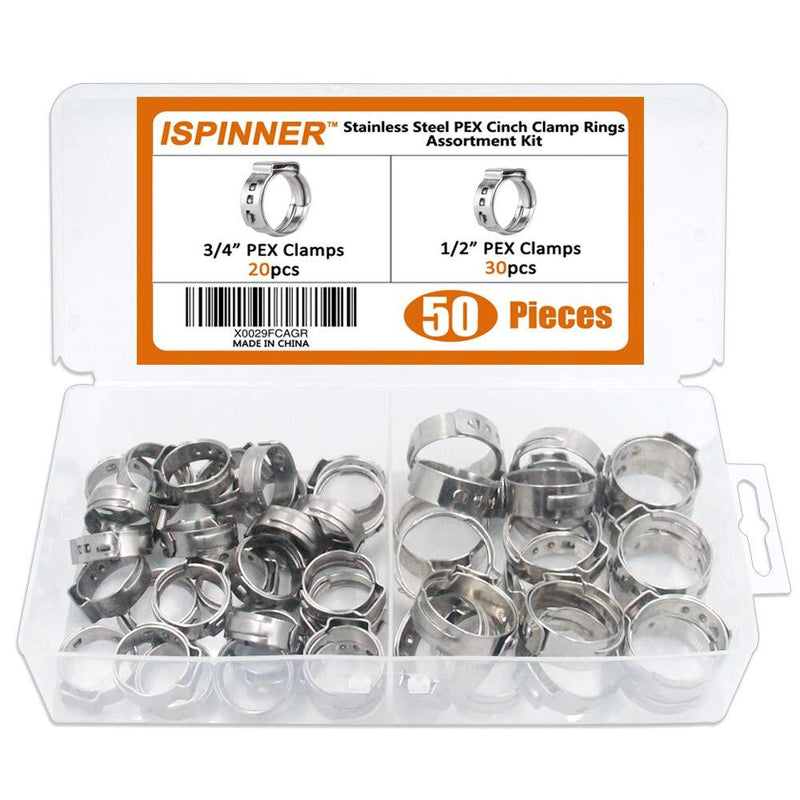 ISPINNER 50pcs 2 Sizes Stainless Steel PEX Cinch Clamp Rings Assortment Kit for PEX Tubing Pipe Fitting Connections (30pcs 1/2" + 20pcs 3/4") - NewNest Australia