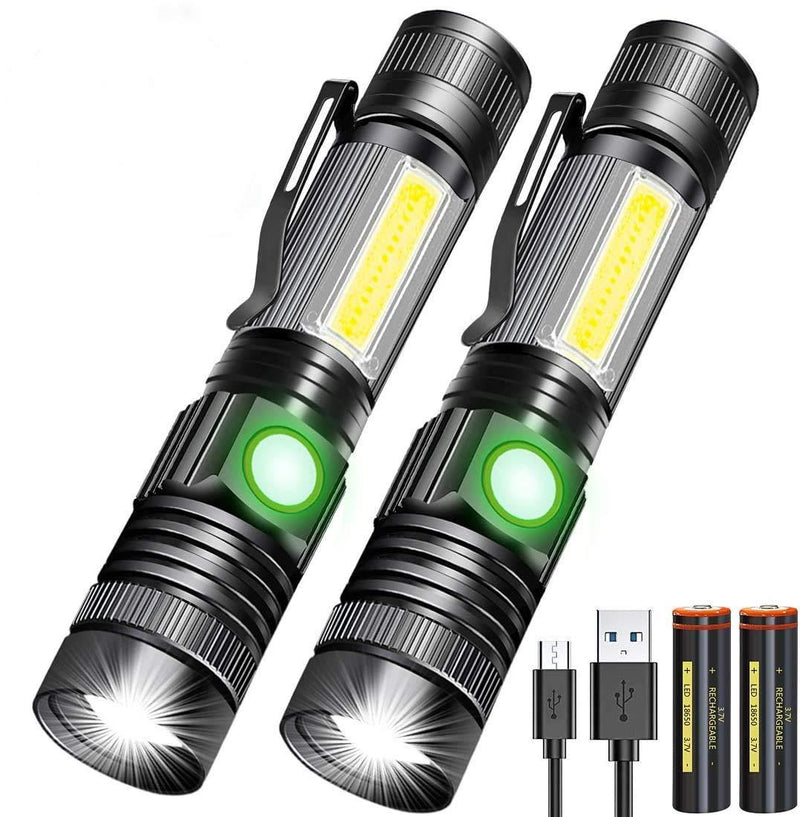 Rechargebale Flashlight, Magnetic Pocket Flashlight with Clip(included Battery), Super Bright COB Work Light LED Torch, Zoomable, Water Resistant, 4 Modes for Camping Hiking 2 Pack - NewNest Australia