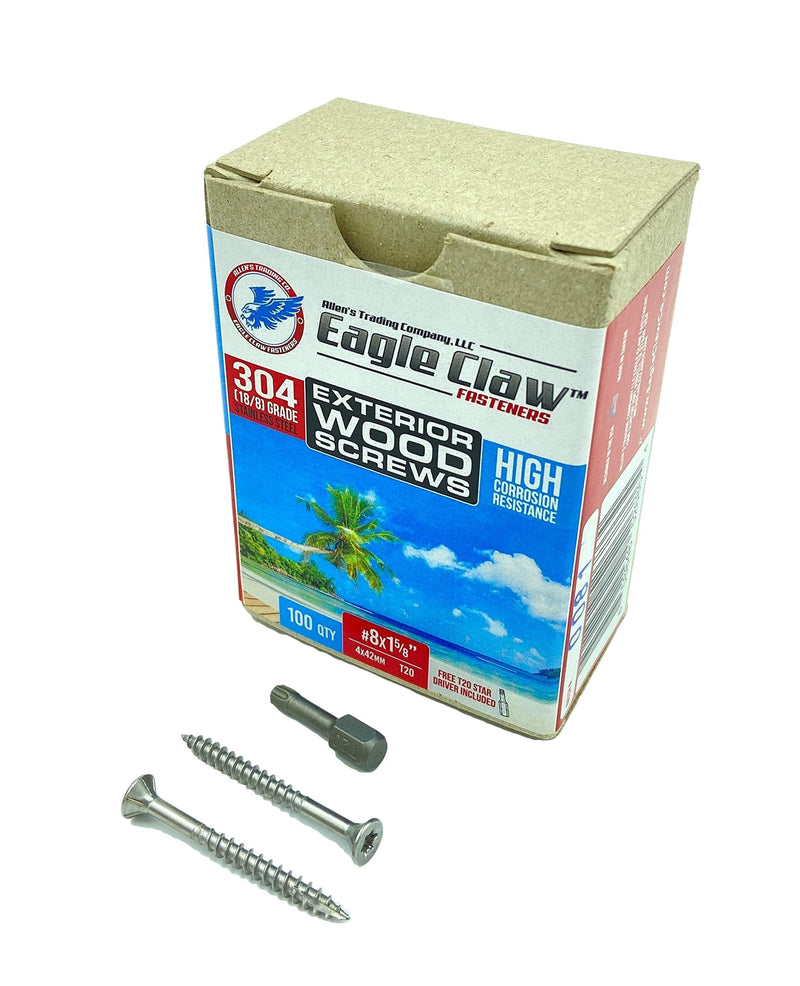 #8 X 1 5/8 Inch Stainless Steel Wood Screws Flat Head T20 Star Drive 304 Grade (100 pieces) for Outdoor Construction by Eagle Claw Fasteners (Driver Bit included) 100 #8 x 1 5/8" - NewNest Australia