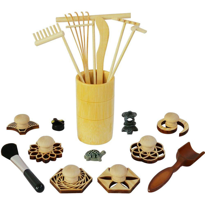 Zen Garden Rake Stamp Tools - Meditation Rock Sand Garden Accessories – Office Desktop Mini Zen Gifts for Man Women Bamboo Rakes Holder Brusher Spoon Figurines - NewNest Australia
