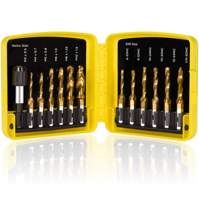THINKWORK Combination Drill Tap & Tap Bit Set, 3-in-1 Titanium Coated Screw Tapping Bit Tool for Drilling, Tapping, Countersinking, with Quick-Change Adapter, 13 PCS SAE/Metric - NewNest Australia
