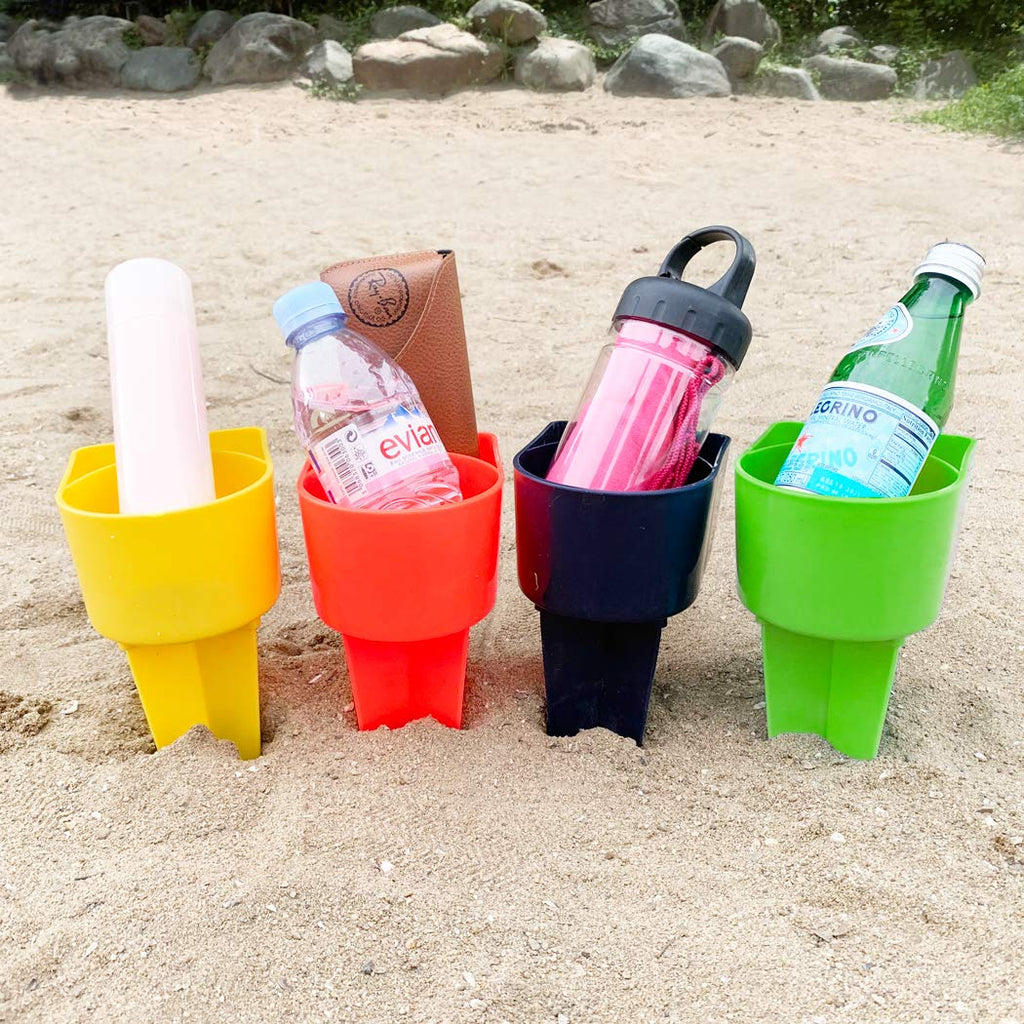 Home Queen Beach Cup Holder with Pocket, Multi-Functional Sand Cup Holder for Beverage Phone Sunglasses Key, Beach Accessory Drink Sand Coaster, Set of 4 (Orange, Yellow, Navy and Green) Orange,yellow,navy,green - NewNest Australia
