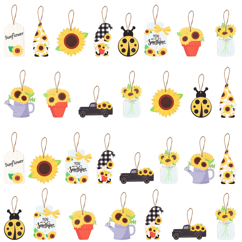 WATINC 31Pcs Sunflower Gnome Hanging Wooden Ornament Set, Summer Gnome Element Plaid Pendant Crafts Decor Supplies, Wood Tags Embellishments with Rope for Holiday Hawaiian Party Decoration (10 Styles) - NewNest Australia