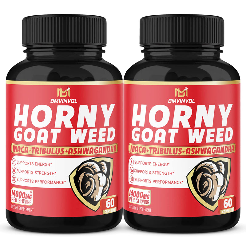 (2 Packs) Horny Goat Weed Capsules, 14000mg Herbal Equivalent with Maca, Tribulus, Ginseng - Performance and Energy Support - 120 Capsules - NewNest Australia