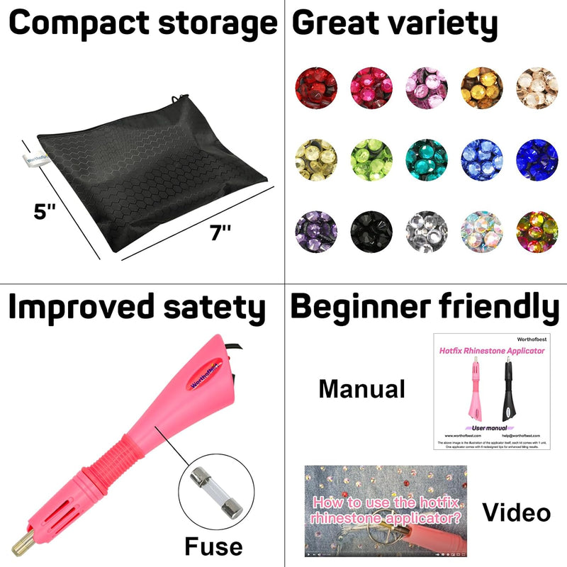 Hotfix Applicator, Quick Crystals Pro, Bedazzler Kit with Rhinestones, DIY Wand Setter Tool Kit with 7 Different Tip Sizes, Tweezers, Cleaning Brush, User Manual, and 4400 Rhinestones. - NewNest Australia