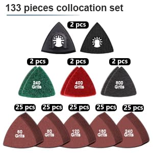 133PCS oscillating Tool Sanding Pads kit,125sandpaper, 2 Triangular Sanding Pads and 6 Triangular Scrubbing Pads for Surface Sanding,Mechanical Maintenance Cleaning, polishing, deburring