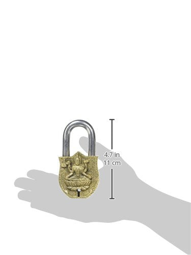 Purpledip Handmade Brass Antique Pad Lock with Maa Laxmi Idol,Medium (10465)