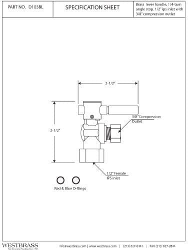 Westbrass D103BL-05 1/4-Turn Lever Handle Angle Stop Shut Off Valve, 1/2" IPS x 3/8" OD, Polished Nickel