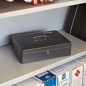 SentrySafe Black Money Saving Box with Cash Tray and Key Lock, Portable Safe Box with Carrying Handle, 0.21 Cubic Feet, 3.75 x 12 x 9.3 Inches, CB-12 Cash Box Pack of 1