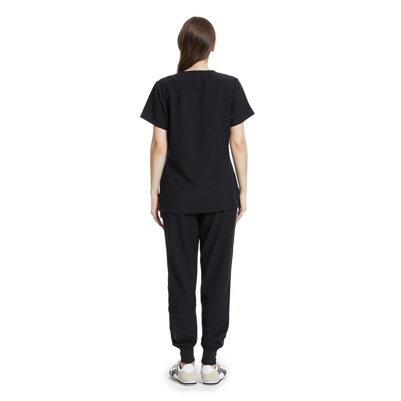 Uniforms World Scrubs for Women Set - Stretch Scrub Top & Pants with 8 Pockets, Yoga Waistband, Anti Wrinkle, Slim Fit Black Medium
