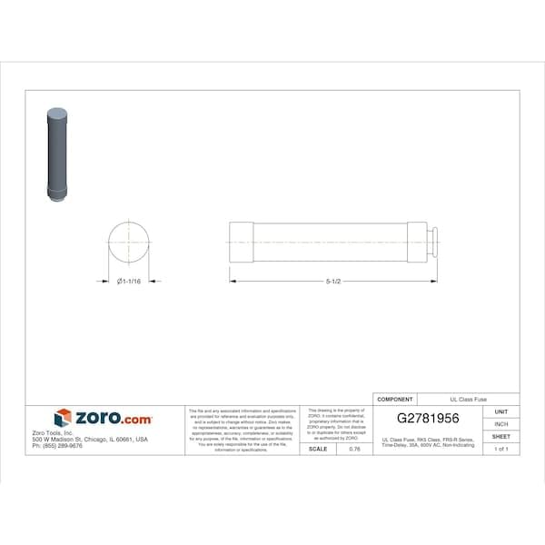Eaton Bussmann FRS-R-35 Class RK5 Fuse, Time-delay Dual-element Current Limiting, 35 A, Interrupting Rating of 200 kA at 600 Vac and 20 kA at 250 Vdc 1