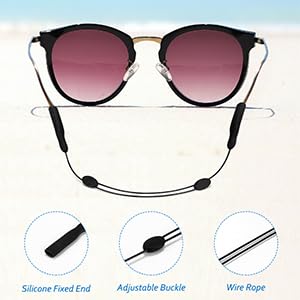 Adjustable Glasses Strap, Anti-Slip Sunglasses Strap for Sports, No Tail Glasses Holder Cord, with Steel Wire Cable Eyewear Retainer (3 Pcs, Black)