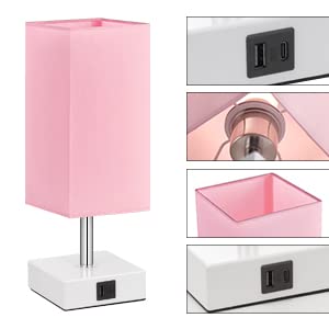 Ambimall Touch Control Table Lamp with 2 USB Charging Ports, 3 Way Touch Lamps Beside Desk, Nightstand Lamp for Bedrooms Living Room, Pink Shade with White Base, LED Bulb Included(Pink) A：pink