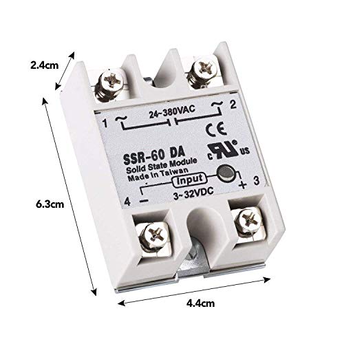 HiLetgo 2pcs SSR-60DA Solid State Relay Single Phase Semi-Conductor Relay Input 3-32V DC Output 24-380V AC