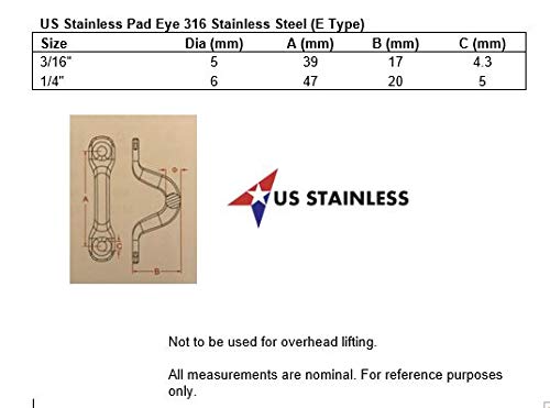 US STAINLESS 50 Pieces Stainless Steel 316 3/16" (5mm) Pad Eye Bimini 2" Length Marine Grade