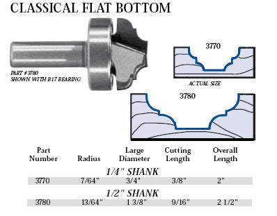 Whiteside 3770 Classical Flat Bottom Router Bit: 7/64 Inch Radius, 3/4 Inch Large Diameter, 3/8 Inch Cutting Length, 1/4 Inch Shank, 2 Inch Overall Length