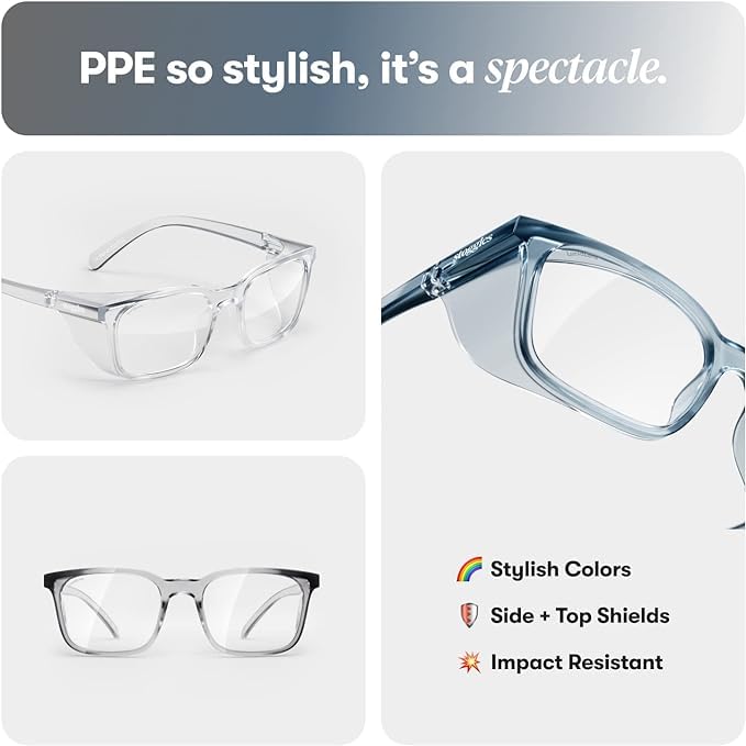 Stoggles Rectangle Z87.1 Certified Safety Glasses, Blue-Light, UV Blocking Lens, Top & Side Shield, Anti-Fog, Stylish Eyewear Medium Low Bridge Fit Clear