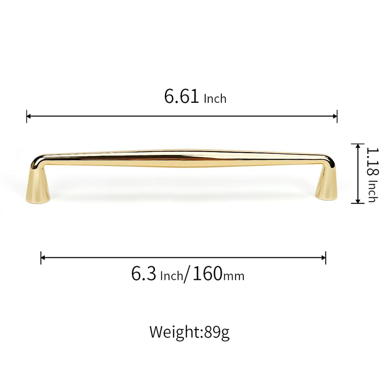 YAGU 6 Pack Top Polished Brass Kitchen Cabinet pulls 6.3 Inch(160mm) Hole Center Solid Bright Gold Dresser Drawer Handles Furniture Shiny Hardware for Cupboard Wardrobe Closet Vanity 6.3''/160MM Hole Center