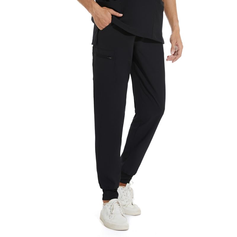 COZYFIT Scrub Pants for Men - Slim Jogger Pants with 5 Pockets, Yoga Waistband, Anti-Wrinkle Scrubs for Men Large Black