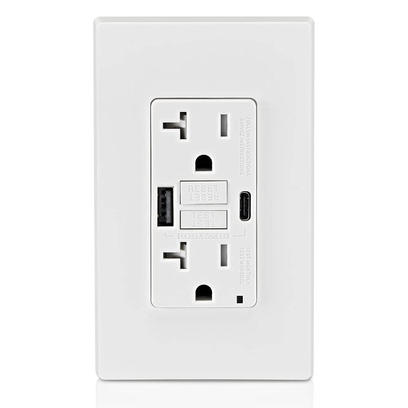 Leviton GUAC2-W 20A SmartlockPro Self-Test GFCI Combination with Type A & Type-C USB in-Wall, USB Charger for Smartphones and Tablets Type A/C USB w/GFCI White
