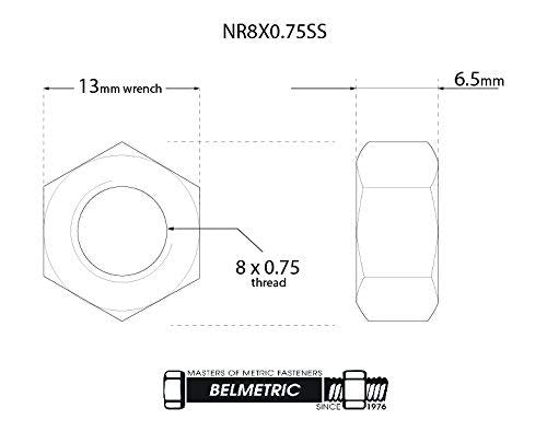 (50pcs) BelMetric M8X0.75 Stainlesss Steel A2 Metric Extra Fine Thread Hex Nuts DIN 934 NR8X0.75SS M8X1.25 (25pcs)