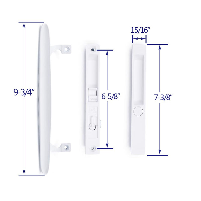 Flush Mount Non-Keyed Sliding Glass Patio Door Lock Handle Set Fits 1" to 1-1/8" Thick Doors 6-5/8" H.C. Night Lock, Hook Latch, Non-Handed (White) White
