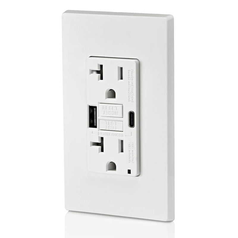Leviton GUAC2-W 20A SmartlockPro Self-Test GFCI Combination with Type A & Type-C USB in-Wall, USB Charger for Smartphones and Tablets Type A/C USB w/GFCI White
