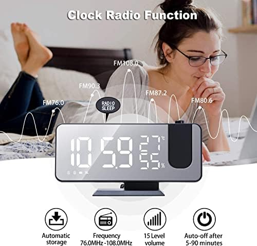 Projection Alarm Clock for Bedrooms Ceiling, Digital Clock Radio with USB Charger Port, Temperature & Humidity Display, 7.3” Large LED Display,12/24H,Snooze,Dual Loud Clock- 4 Dimmer Black
