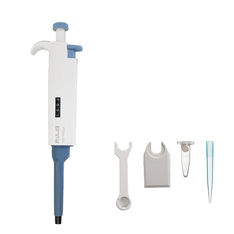 ULAB Single Channel Pipettor with Pipette Tips Offered, 1pc of Adjustable Volume Micro Pipette with Vol.Range.100-1000μl, 500pcs of Vol.1000μl Pipette Tips in Blue Color, ULH1021 100-1000μl & 500 Tips