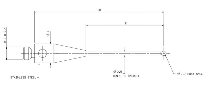 Cmm Probe Stylus 0.7mm Ruby Ball Tips Tungsten Carbide Stem M2 Thread 20mm Long A-5003-0577