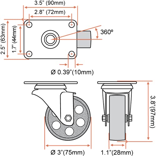FactorDuty 4 All Black Metal Swivel Plate Caster Wheels w/Brake Lock Heavy Duty High-gauge Steel (3" Combo) 3" Combo