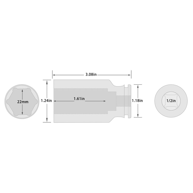 1/2-Inch Drive 22mm Deep Impact Socket with 6-Point Design, Heat-Treated Chrome Molybdenum Alloy Steel, Metric，Hex Deep Socket 1/2” Drive 22mm Deep 1/2” Drive Deep Socket