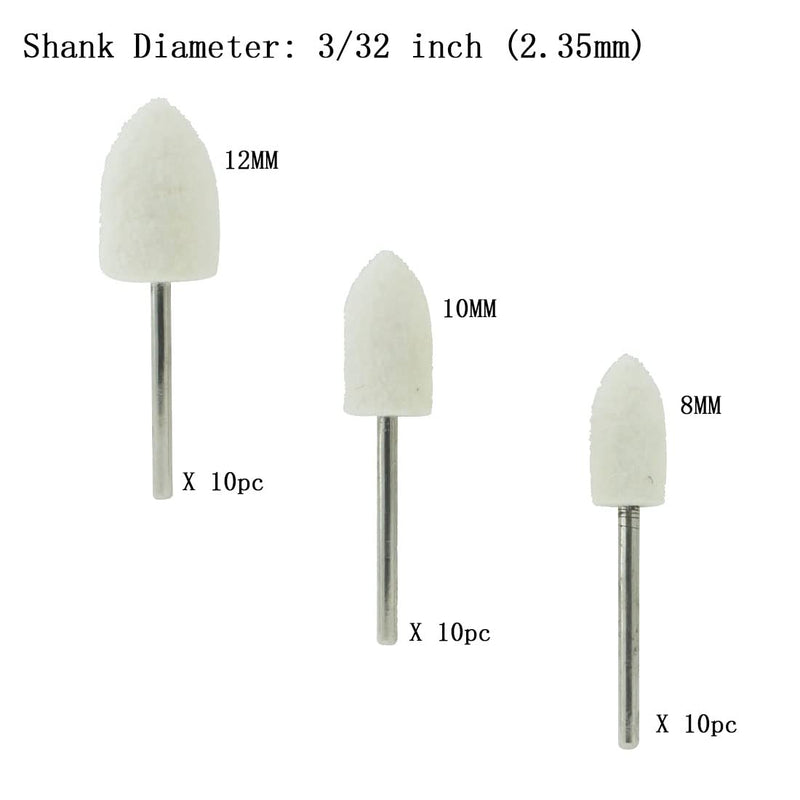 30 Pcs Wool Felt Polishing Bits, 3/32 Inch Shank Cone Shape Wool Polishing Points for Rotary Tool (8mm,10mm,12mm)