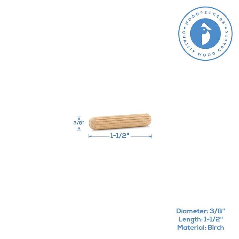 Wooden Dowel Pins 3/8 x 1-1/2 Inch, Pack of 100 Fluted Dowel Joints for Woodworking, Furniture and Crafts, by Woodpeckers 1.5 inch x 0.375 inch