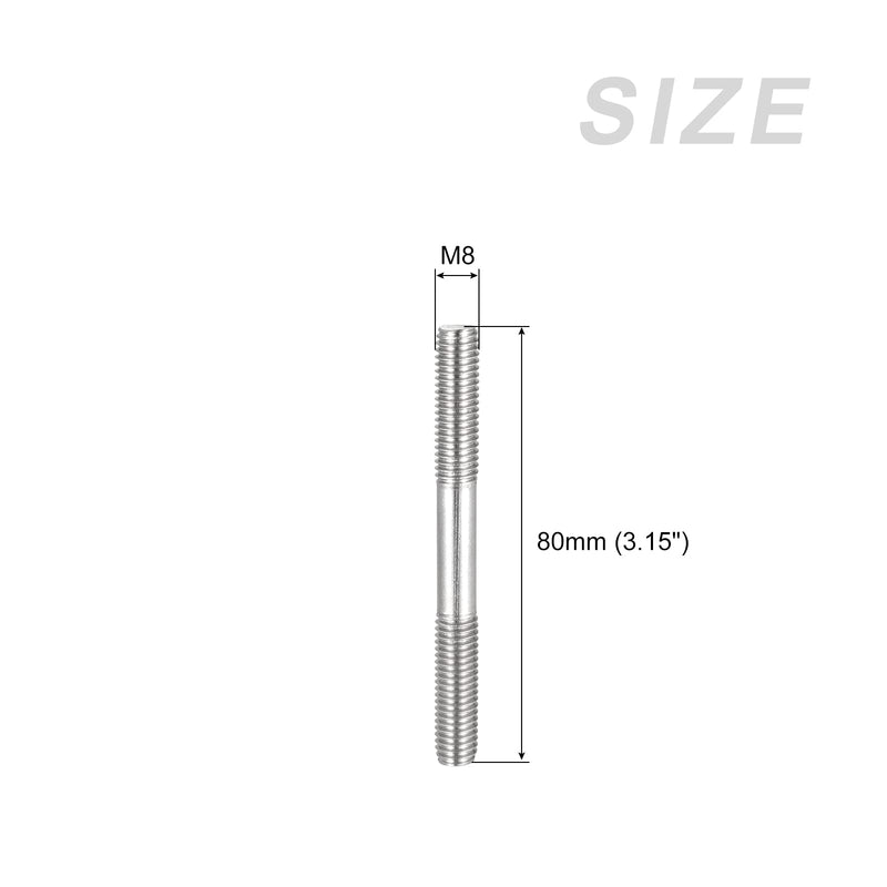 METALLIXITY Double Ended Stud Screws (M8 Thread 80mm Length) 5pcs, 304 Stainless Steel Dual Threaded Rod Bolts - for House Maintenance M8x80mm