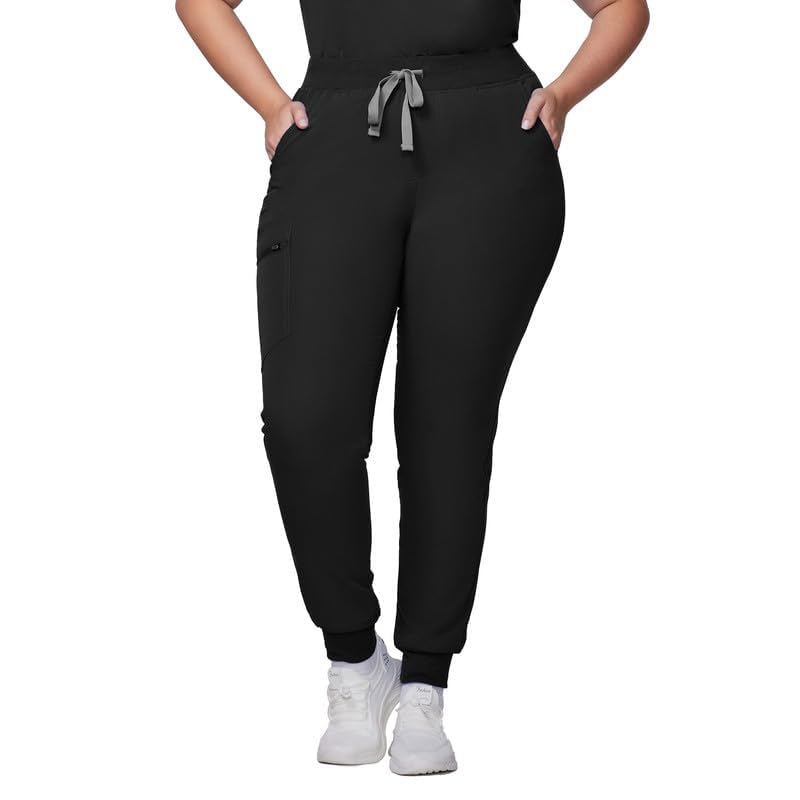 Medical Scrub Pants for Women - Mid Rise 4-Way Stretch Anti-Wrinkle Slim Fit Jogger Pants, Drawstring & 5 Pockets Regular Medium Black