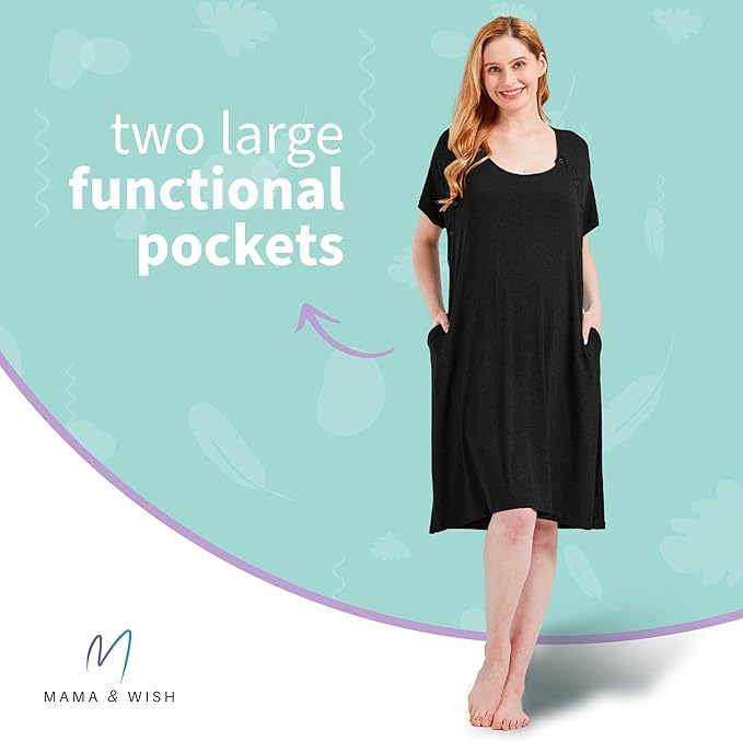 Mama & Wish Labor and Delivery Gown 3 in 1 Labor, Delivery and Nursing Gown for Hospital Made with Ultra-Soft Fabric for Ultimate Comfort! Black (Medium)