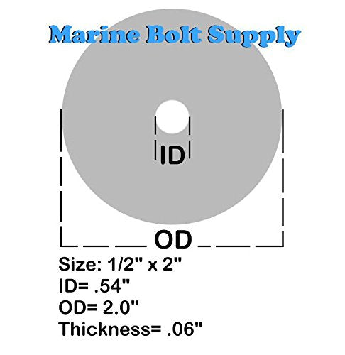 Type 18-8 Stainless Steel Fender Washers Size 1/2" x 2" (pack of 10pcs) Marine Bolt Supply ID - .54", OD = 2", Thickness = .06"