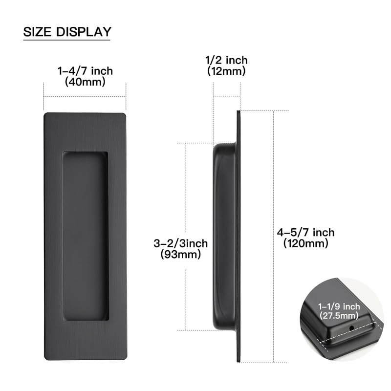 Ravinte 8 Pack Black Sliding Closet Door Handles Black Flush Pulls 4.72in Length Recessed Finger Pulls for Sliding Barn Door Sqaure Cabinet Pulls Stainless Steel 120mm
