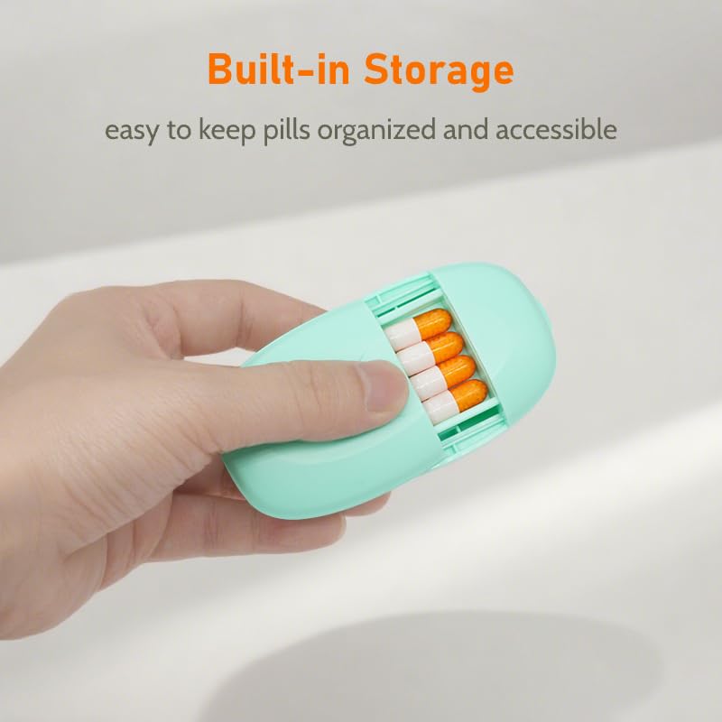 Safety Pill Splitter with Blade Shield, Travel Pill Cutter with V-Shaped Silicone Rubber Holder, Portable Medicine Slicer with Storage Compartment (Green) Green