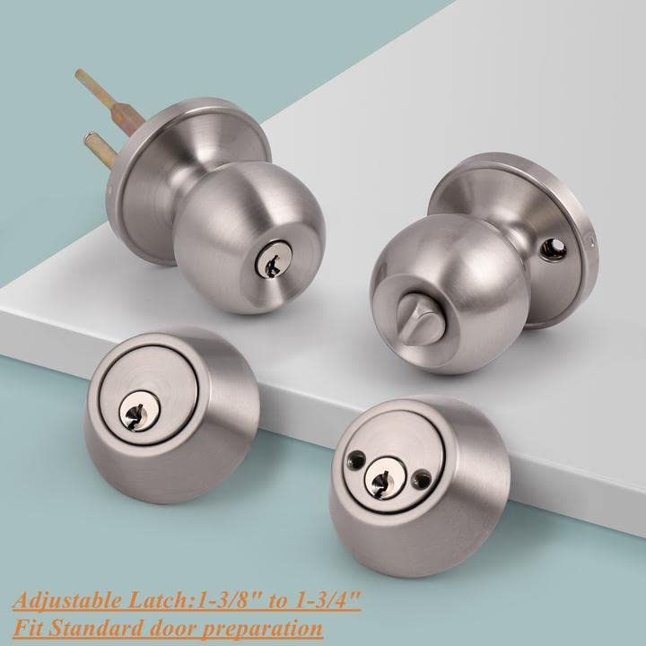 Probrico Satin Nickel Entry Door Knob and Double Cylinder Deadbolt Combo Pack, Keyed on Both Sides, Front Door and Exterior Gate Lockset Hardware 1 Pack Brushed Nickel