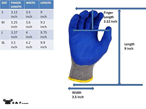 G & F Products - 3100L-DZ-Parent 12 Pairs Large Rubber Latex Double Coated Work Gloves for Construction, gardening gloves, heavy duty Cotton Blend Blue Ocean Blue Large (Pack of 12)