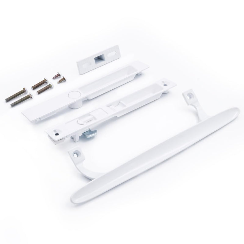 Flush Mount Non-Keyed Sliding Glass Patio Door Lock Handle Set Fits 1" to 1-1/8" Thick Doors 6-5/8" H.C. Night Lock, Hook Latch, Non-Handed (White) White