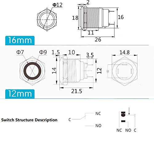 NOYITO 16mm Chassis Switch Metal Button Switch with 22inchs Extension Cable Red Yellow Blue Green Switch Symbol Suitable for Computer DIY Switch (16mm, Blue Symbol)
