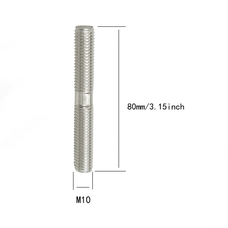 10 Pieces M10 304 Stainless Steel Double End Threaded Studs Screws Bolts (M10x80mm) M10x80mm