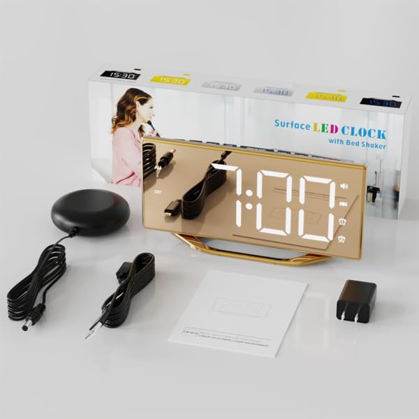 Loud Alarm Clock for Heavy Sleeper, 2 Alarms Big Display Clock with Bed Shaker for Hard of Hearing Deaf,Plug in Bedroom Mirror Clock,Phone Charger,Dimmer,Simple Digital Clock for Senior Adult Teen Kid Gold Surface(with Bed Shaker)